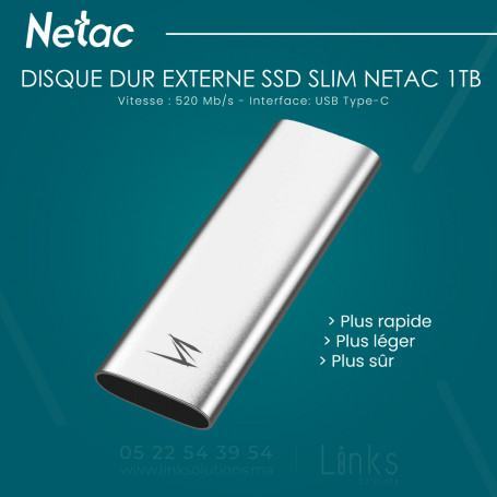 Disque dur externe SSD slim NETAC 500 GO (NT01ZSLIM-500G-32SL) à 769,00 MAD  - linksolutions.