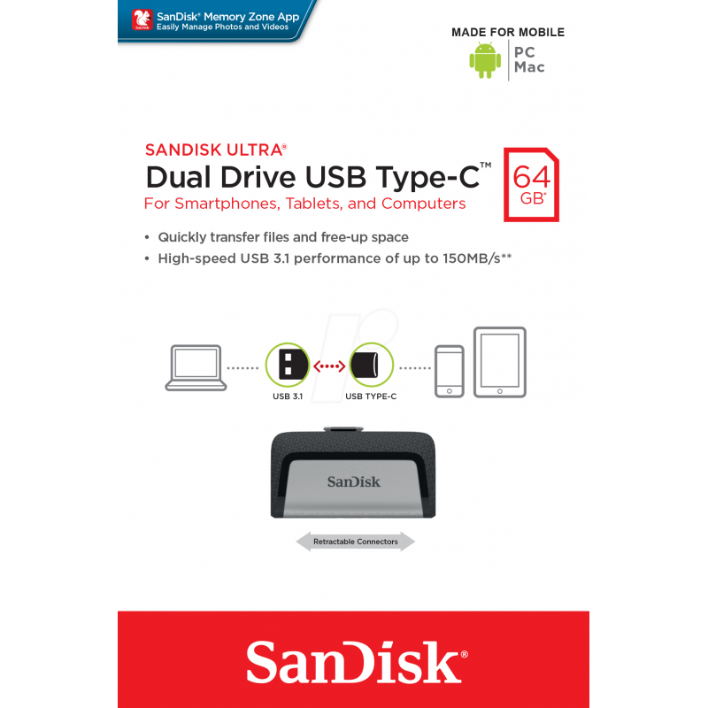 Clé USB Type-C™ SanDisk Ultra Dual Drive Go - 64 Go (SDDDC3-064G-G46) prix  Maroc