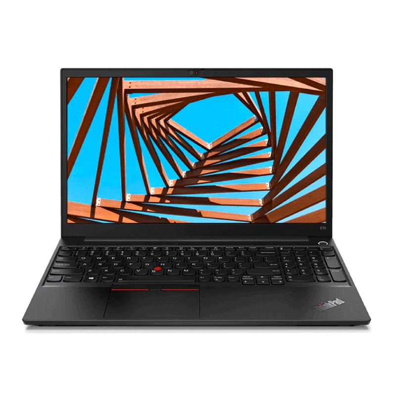 A ThinkPad E15 opened and stood on the edge of its keyboard, revealing the backlit keyboard and 15.6-inch FHD display