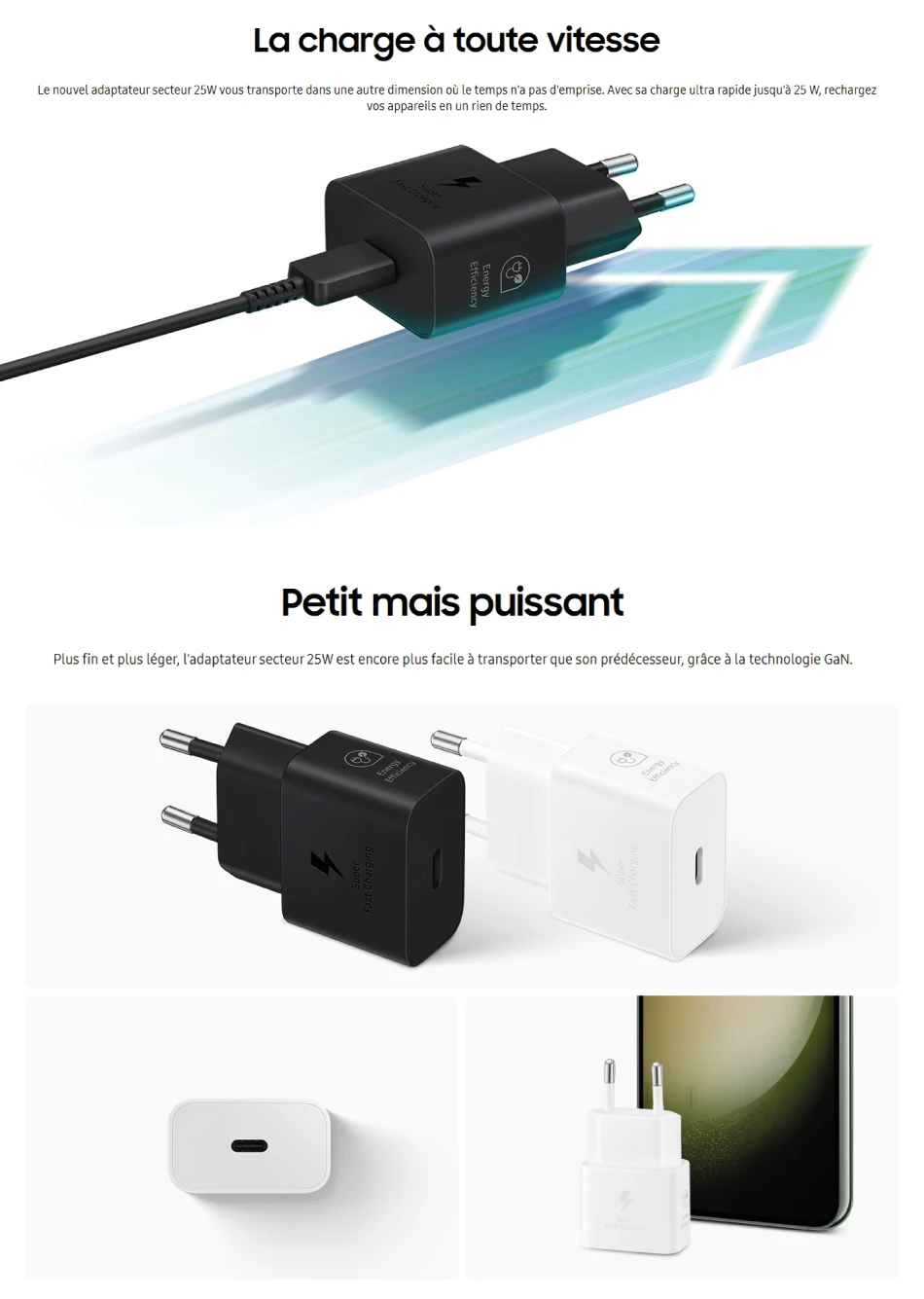 chargeur samsung ultra rapide 25w usb c sans câble (ep t2510nbegww)