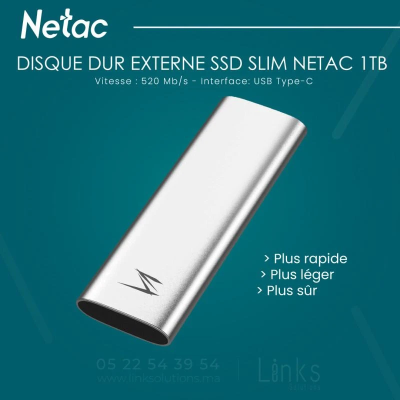 Externe SSD Netac NT01ZSLIM-001T-32SL Disque Dur Slim 1TB - Linksolutions.ma