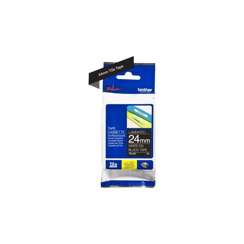 Brother TZe355 Blanc Sur Noire Laminat 24mm X 8m - Linksolutions.ma