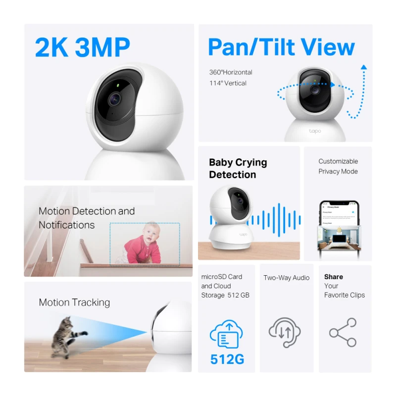Caméra de vidéosurveillance Tp-link Tapo C210 WiFi Panoramique Indoor 2K 3MP (TAPOC210)