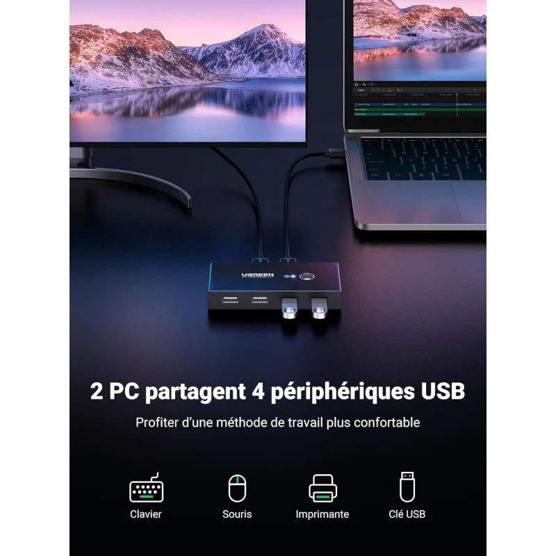 Ugreen 30767 Switch Commutateur USB 2.0 4 Ports Pour 2 PC 2 Entrees 4 Sorties USB