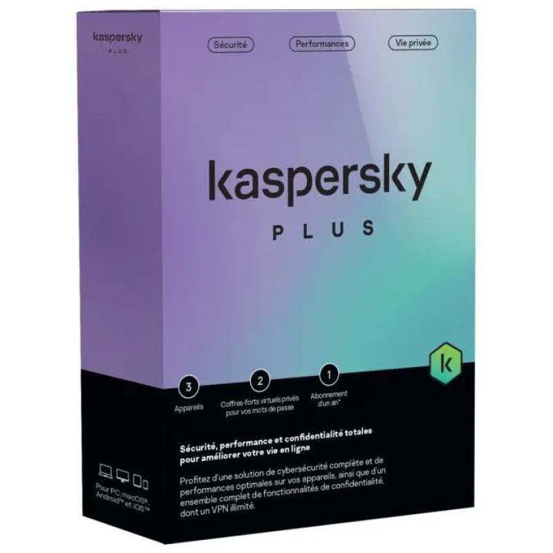 Antivirus Kaspersky Plus 3 appareils 1 an – Licence officielle sécurité PC (KL10428BCFS-25FFPMAG) - Prix Maroc - linksolutions.ma