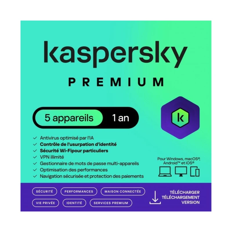 Antivirus Kaspersky Premium 5 appareils 1 an – Protection avancée Internet et identité (KL10478BEFS-25FFPMAG) - Prix Maroc - linksolutions.ma