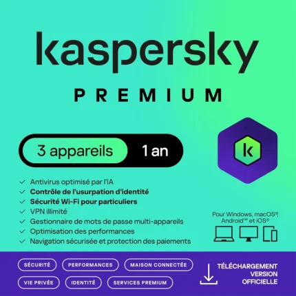 Antivirus KASPERSKY Premium 3 appareils 1 an licence digitale (KL10478BCFS-25FFPMAG) - Prix Maroc - Linksolutions