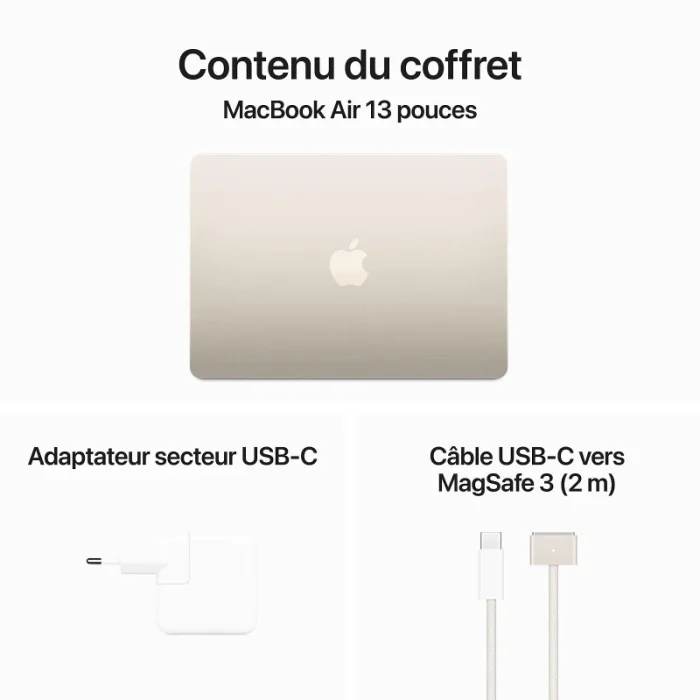 apple macbook air m3 13″ (2024) 16go 256go lumière stellaire (mc8j4fn/a)