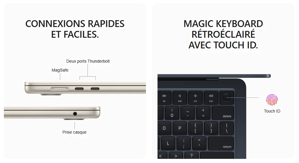 apple macbook air m3 13″ (2024) 16go 256go lumière stellaire (mc8j4fn/a)