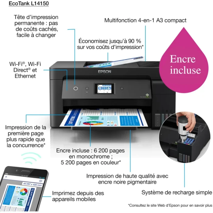 Imprimante Epson C11CH96403 EcoTank L14150 A3+ Multifonction A Reservoirs Rechargeables