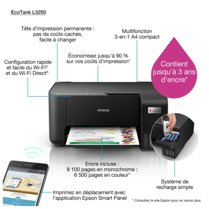 imprimante epson c11cj67409 multifonction ecotank l3251 a reservoirs couleur avec wi fi