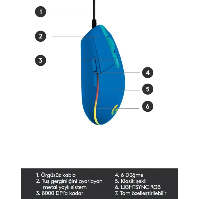 souris gaming logitech g102 lightsync bleue usb (910 005801)