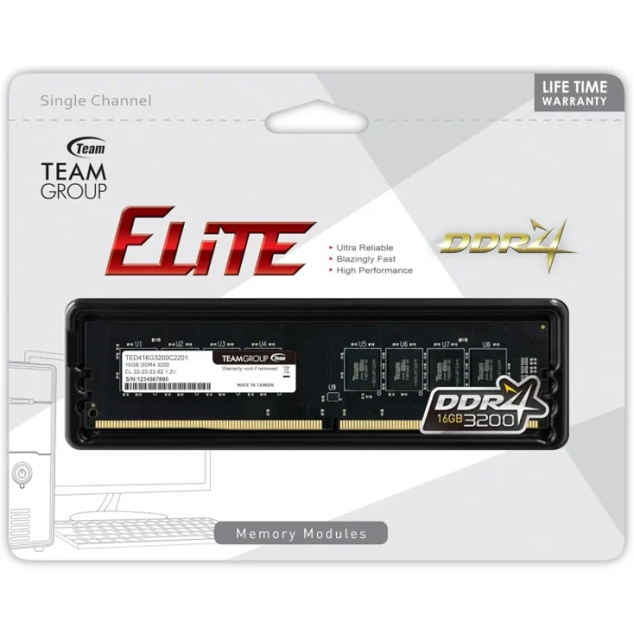 barrette mémoire ddr4 teamgroup elite u dimm 16 go 3200 mhz cl22 (ted416g3200c2201)