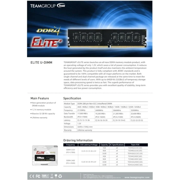 barrette mémoire ddr4 teamgroup elite u dimm 16 go 3200 mhz cl22 (ted416g3200c2201)