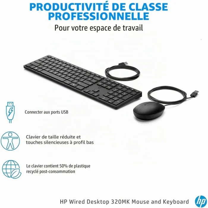 clavier et souris filaires hp wired desktop 320mk (9sr36aa)