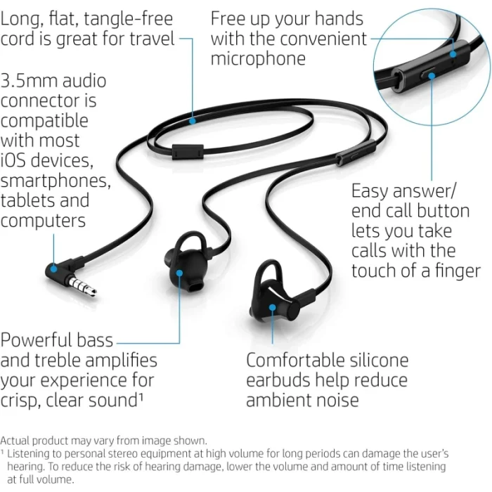 Écouteurs hp doha in ear headset 150 intra auriculaires avec microphone (x7b04aa)