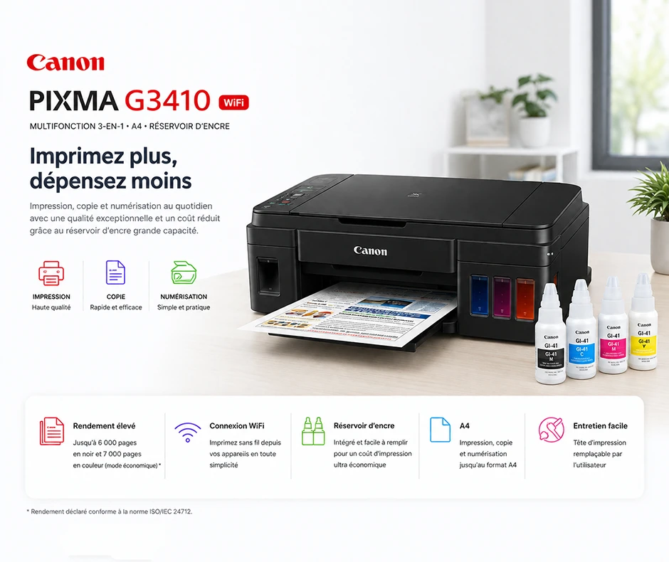 Imprimante multifonction canon PIXMA g3410 wifi 3 en 1 a4 – réservoir d’encre (2315c009ac) - Maroc