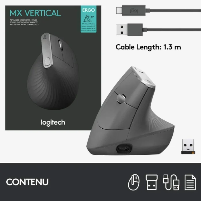 souris ergonomique logitech mx vertical sans fil bluetooth (910 005448)
