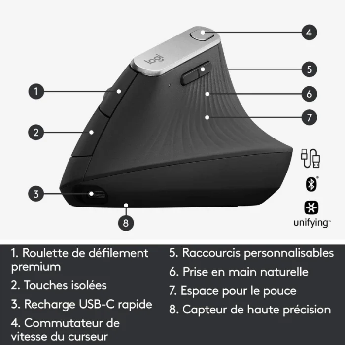 souris ergonomique logitech mx vertical sans fil bluetooth (910 005448)