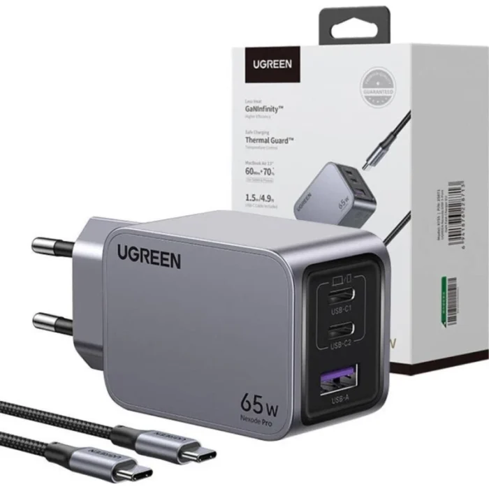 chargeur rapide ugreen 100w gan 2c1a avec câble 1.5m usb c (25874)