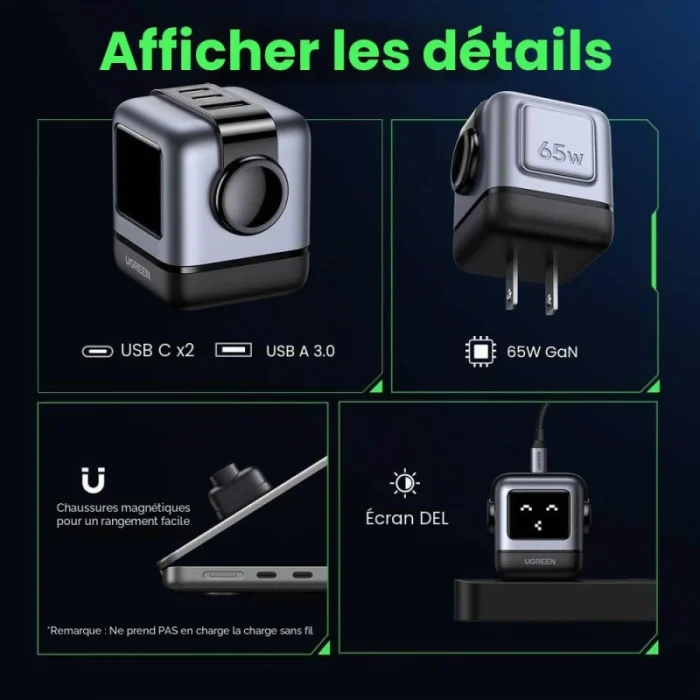 chargeur rapide ugreen 65w gan 2c1a noir usb c haute puissance (25685b)