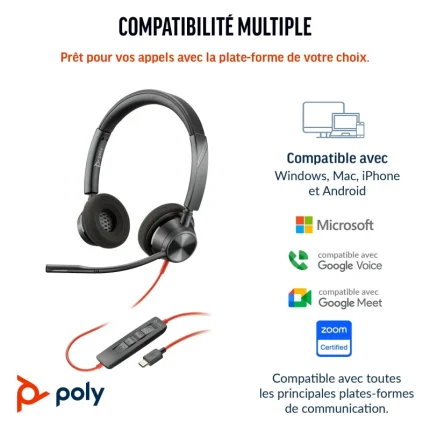 micro casque poly blackwire 3320 usb c stéréo certifié microsoft teams (8x220aa)