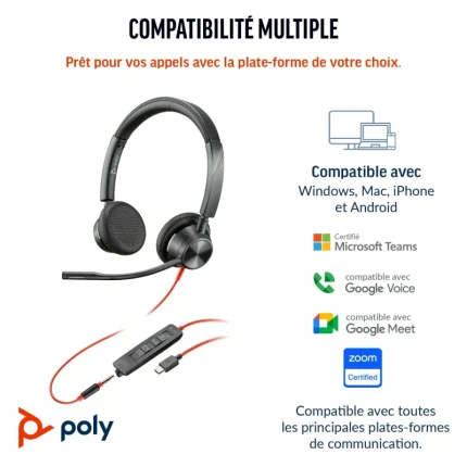 micro casque poly blackwire 3325 usb c stéréo avec jack 3,5 mm (8x221aa)