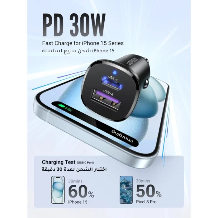 chargeur auto ugreen 30w 1c1a rapide usb c et usb a (25845)