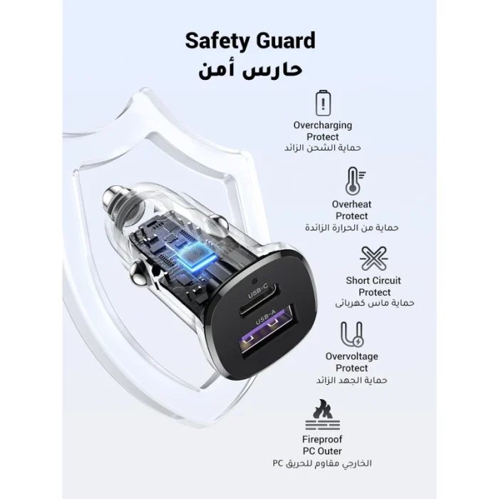 chargeur auto ugreen 30w 1c1a rapide usb c et usb a (25845)