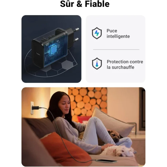 chargeur ugreen 20w 1c rapide usb c noir (10191)