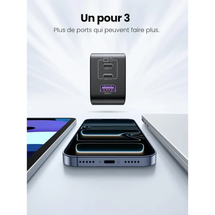 chargeur ugreen 65w 2c1a gan rapide usb c et usb a gris (10335)