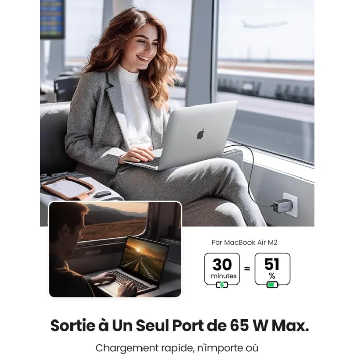 chargeur ugreen 65w 2c1a gan rapide usb c et usb a gris (10335)