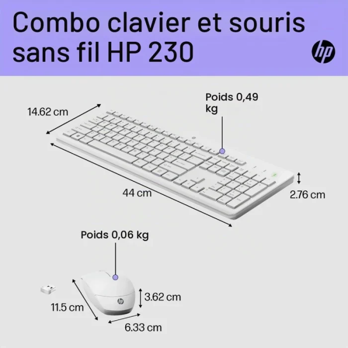 clavier et souris sans fil hp 230 blanc usb (3l1f0aa)