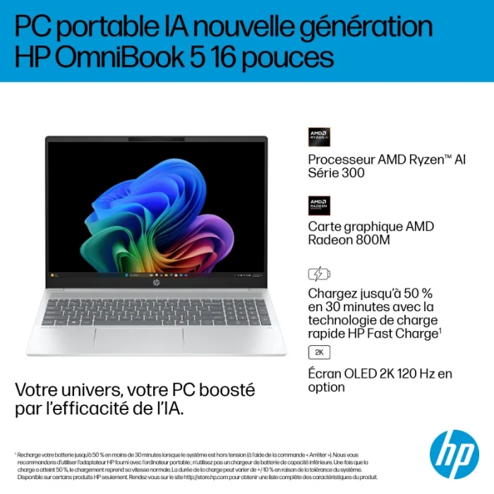 ordinateur portable hp omnibook 5 ai 16 af1005nk core ultra 7 16 pouces (d82t2ea)