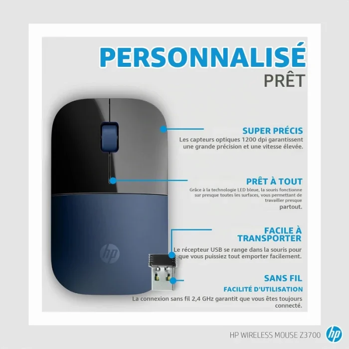 souris sans fil hp z3700 7uh88aa bleue usb