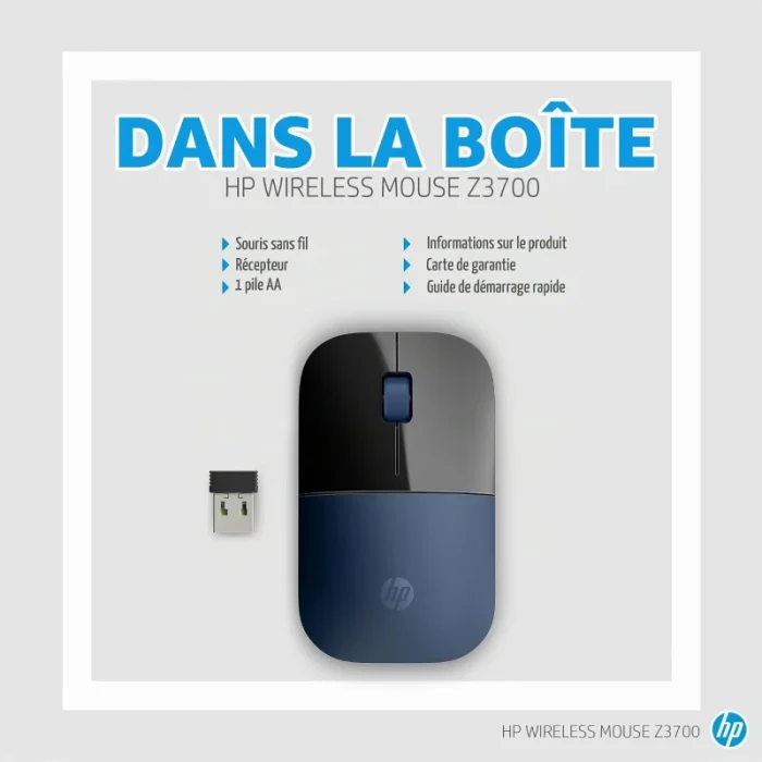 souris sans fil hp z3700 7uh88aa bleue usb