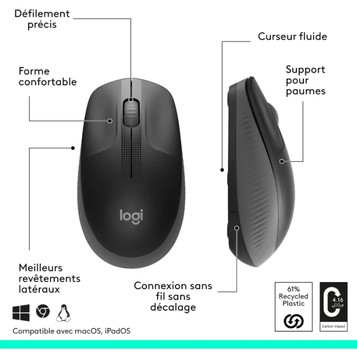 souris sans fil logitech m190 full size 2,4ghz gris anthracite (910 005905)