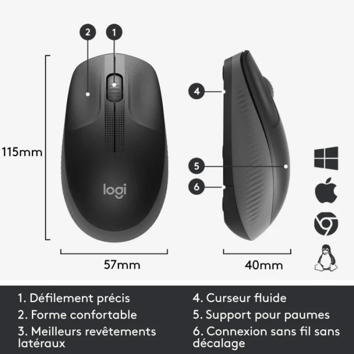 souris sans fil logitech m190 full size 2,4ghz gris anthracite (910 005905)