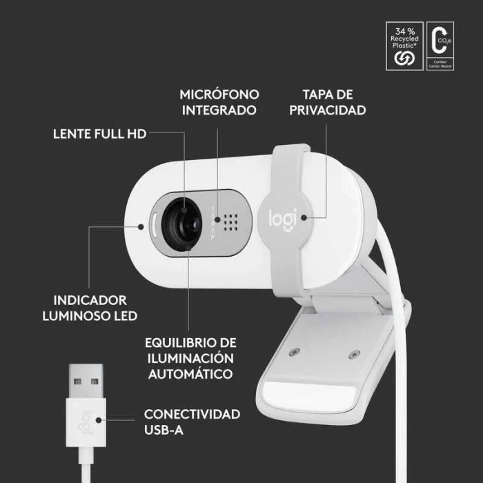 webcam logitech brio 100 full hd caméra usb off white (960 001617)
